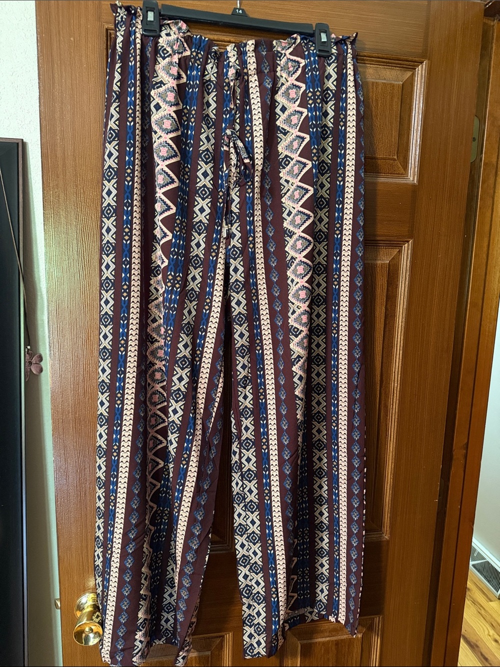 SHEIN Wide Leg Boho Stripe Pattern Pants in Burgundy, Navy & Cream